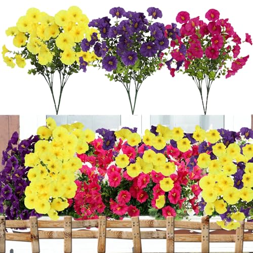 6 Bündel Künstliche Blumen im Freien, Kunstblumen wie Echt mit 3 Farben, Künstliche Petunien Balkonpflanzen Outdoor Wetterfest, Balkonblumen für Balkon Außenbereich Blumenkasten Deko Lila Rosa Gelb 6 Bündel Künstliche Blumen im Freien, Kunstblumen wie Echt mit 3 Farben, Künstliche Petunien Balkonpflanzen Outdoor Wetterfest, Balkonblumen für Balkon Außenbereich Blumenkasten Deko Lila Rosa Gelb von Kokoie