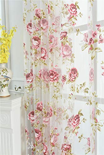 Kolachic Durchscheinender Voile-Vorhang mit Rosenmotiv, rosa Blume, Tüll, transparent, für Wohnzimmer, Schlafzimmer, Glastür, 137 x 244 cm, 1 Set mit 2 Paneelen von Kolachic