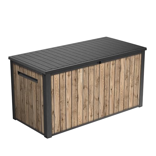 Keter Sierra Auflagenbox/Kissenbox 643 Liter | 100% Wasserdicht mit Belüftung dadurch kein übler Geruch/Schimmel Moderne Holzoptik | Deckel belastbar bis 250 KG | Deckel mit Gasdruckfedern von Koll Living