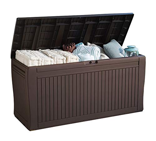 Koll Living Gartenbox mit 270 Liter Fassungsvermögen - wetterfester Stauraum, der Inhalt bleibt trocken und Wird belüftet - Moderne Holzoptik - mit Griffen und Rollen (Braun) von Koll Living
