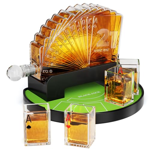 Kollea Blackjack Whiskey Dekanter Set, 37,2 Oz Whiskey Dekanter mit 4 Gläsern, Casino-Stil Dekanter für Spirituosen, Geburtstagsgeschenke für Männer, Papa, Freund, Blackjack Spiel Nacht Essentials von Kollea