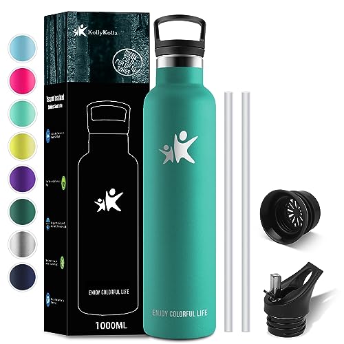 KollyKolla Edelstahl Trinkflasche 1L, Vakuum Thermosflasche mit Strohhalm, Wasserflasche Auslaufsicher, BPA-Frei Thermoskanne Kohlensäure Geeignet für Erwachsene, Uni, Fitness, Sport, Fahrrad, Camping von KollyKolla