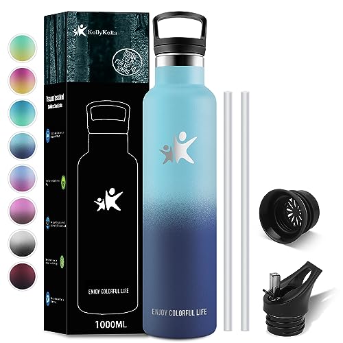 KollyKolla Edelstahl Trinkflasche 1L, Vakuum Trinkflasche Edelstahl, Thermosflasche Kohlensäure Geeignet, mit Strohhalm, BPA-Frei Auslaufsicher Wasserflasche für Erwachsene, Sport, Fahrrad, Camping von KollyKolla