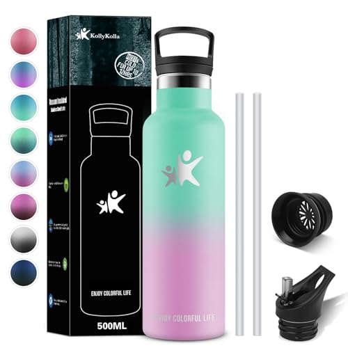 KollyKolla Edelstahl Trinkflasche 500ml, Vakuum Thermosflasche mit Strohhalm, Wasserflasche Auslaufsicher, BPA-Frei Thermoskanne Kohlensäure Geeignet für Büro, Uni, Fitness, Sport, Fahrrad, Camping von KollyKolla