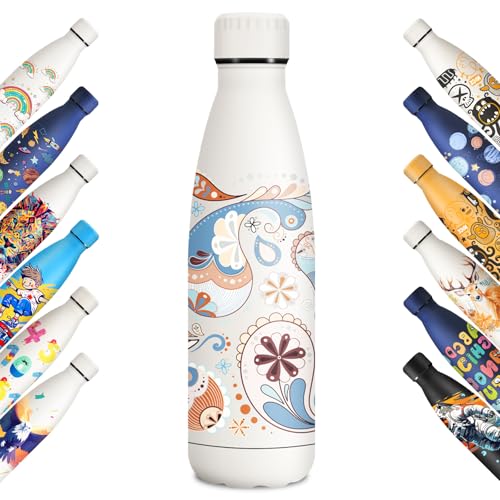 KollyKolla Isolierflasche 500ml, Thermosflasche Kohlensäure Geeignet, Trinkflasche Personalisiert, BPA-Frei Auslaufsicher Wasserflasche, für Sport, Reisen, Jungs, Mädchen, Paisley Blumenmuster von KollyKolla