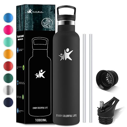 KollyKolla Thermosflasche, Trinkflasche Edelstahl 1L, Thermoskanne Kohlensäure Geeignet, mit Strohhalm, BPA-frei Isolierflasche Auslaufsicher Wasserflasche für Erwachsene, Fitness, Schule, Sport, Gym von KollyKolla