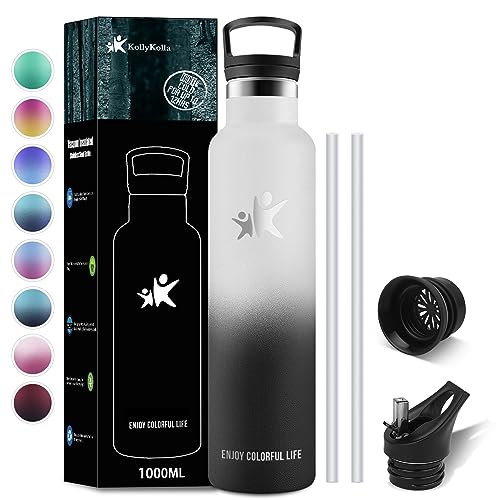 KollyKolla Thermosflasche 1L, Thermoskanne BPA-frei, Kohlensaeure Geeignet, Trinkflasche 1L Edelstahl mit Strohhalm, Wasserflasche Auslaufsicher, Isolierflasche für Erwachsene, Uni, Sport, Büro, Gym von KollyKolla