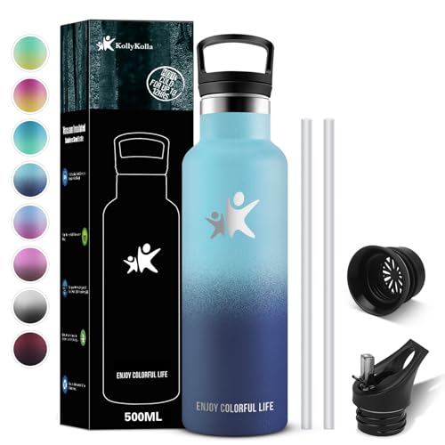 KollyKolla Thermosflasche 500ml, Thermoskanne BPA-frei, Trinkflasche Edelstahl mit Strohhalm, Kohlensaeure Geeignet, Isolierflasche Auslaufsicher, Wasserflasche für Fitness, Schule, Outdoor, Sport von KollyKolla