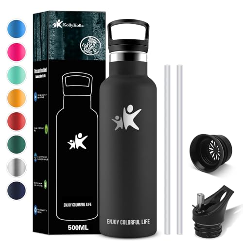 KollyKolla Thermosflasche 500ml, Trinkflasche Edelstahl 1L mit Strohhalm, BPA-frei Isolierflasche, Thermoskanne Kohlensäure Geeignet, Auslaufsicher Wasserflasche für Schule, Sport, Fitness, Uni, Büro von KollyKolla