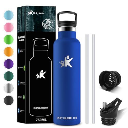 KollyKolla Thermosflasche 750ml, Trinkflasche Kohlensaeure Geeignet, Trinkflasche Edelstahl mit Strohhalm, Thermoskanne BPA-frei, Isolierflasche Auslaufsicher, Wasserflasche Sport, Schule, Outdoor von KollyKolla