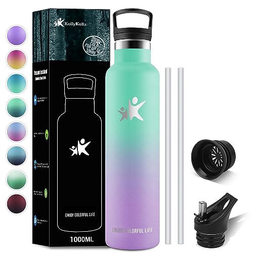 KollyKolla Trinkflasche 1L Edelstahl, Vakuum Isolierte Thermosflasche, Wasserflasche mit Strohhalm, Thermoskanne Auslaufsicher, BPA-Frei, Kohlensäure Geeignet, für Erwachsene, Sport, Fahrrad, Reisen von KollyKolla