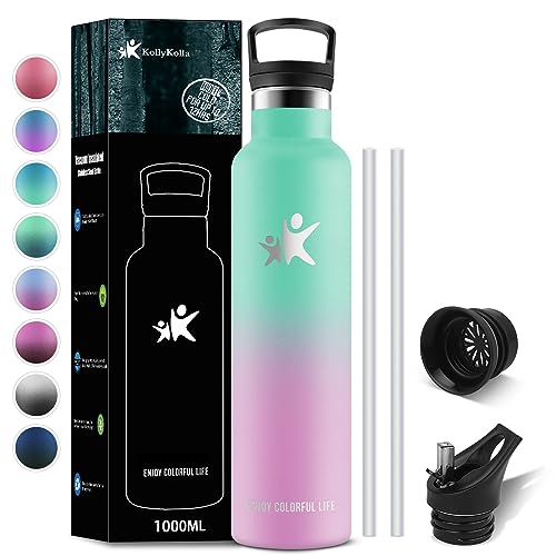 KollyKolla Trinkflasche Edelstahl 1L, Vakuum Thermosflasche, Wasserflasche mit Strohhalm, Auslaufsicher, BPA-Frei Trinkflasche Kohlensäure Geeignet für Erwachsene, Uni, Gym, Sport, Fahrrad, Camping von KollyKolla