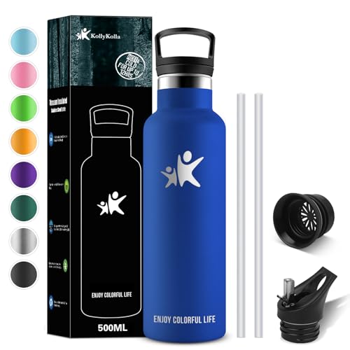 KollyKolla Trinkflasche Edelstahl 500ml, Vakuum Thermosflasche, Wasserflasche Auslaufsicher, BPA-Frei Thermoskanne mit Strohhalm, Kohlensäure Geeignet, für Schule, Uni, Yoga, Sport, Fahrrad, Camping von KollyKolla