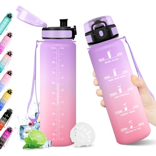 Trinkflasche 1L, Wasserflasche mit Zeitmarkierung, Trinkflasche mit Filter, Auslaufsicher, BPA-frei, Sportflasche für Fitness, Fahrrad, Büro, Schule, Outdoor, Yoga, Erwachsene, Sprudel geeignet von KollyKolla