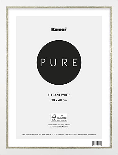 Komar Bilderrahmen Holz Elegant White 30 x 40 cm - mit hochtransparentem bruchsicherem Kunststoff/Acrylglas - weiß, gold - Fotorahmen, Wandrahmen - BI-3040-EL-W von Komar