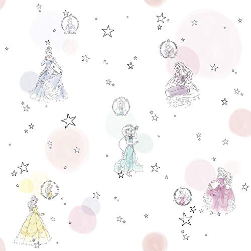 Komar Disney Vlies Tapete - Princess Pretty Pastel - 1 Rolle - Größe: 10,05 x 0,53 m - Kinderzimmer, Prinzessin, Königin, Märchen, Mädchen, Bunt von Komar