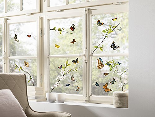 Komar | Fenstersticker CHEERFUL | Größe 31 x 31 cm, 2 Bogen | Fensterdeko, Fensterfolie, Schmetterling, Butterfly, Blume, Zweige | 16006 von Komar