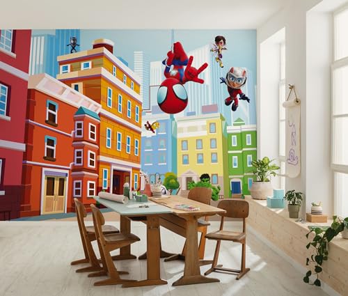 Komar Vlies Fototapete - Marvel Spidey and His Amazing Friends City - Größe 400 x 250 cm - Kinderzimmer, Kindertapete, Tapete von Komar