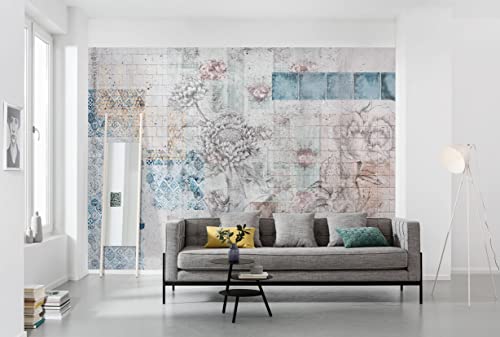 Vlies Fototapete - Patches - Größe 400 x 260 cm, Retro Fototapete, Blumen, Mosaik, Kacheln von Komar
