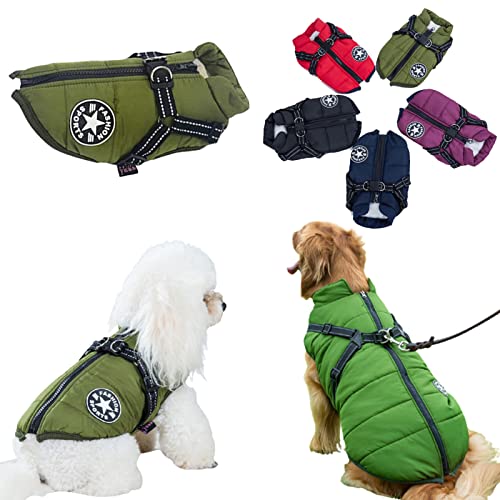 Komate Hundemantel Jacke mit Geschirr Wasserdicht Winter Warme Weste kleine Hund Haustierkleidung Welpen Hund Mantel Hundejacke Outfit für kleine mittlere große Hunde (M, Grün) von Komate