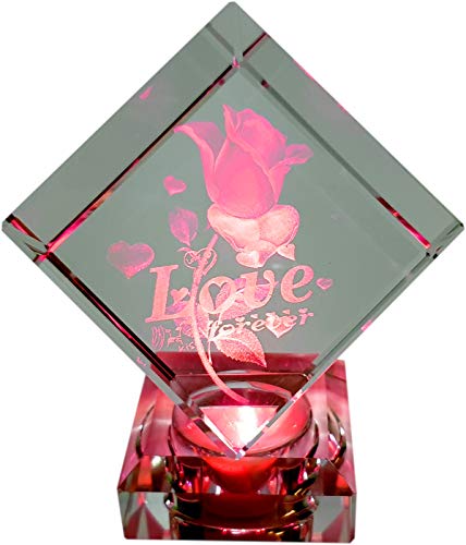 Komerci Glasquader Love Rose Glaskristall 3D Laser Gravur LED Liebe Partner Geschenk Kristallglasquader von Komerci