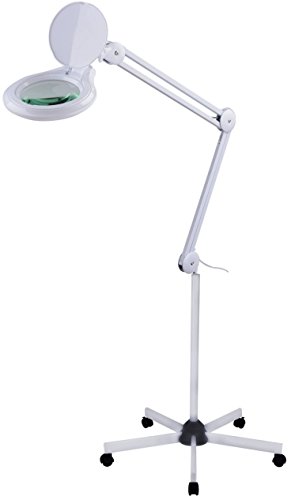 Komerci KML-9003-5D-LED Lupenleuchte mit Standfuß, LED Lupenlampe dimmbar, Rollstativ, 125mm 5 Dioptrien Linse, weiß von Komerci