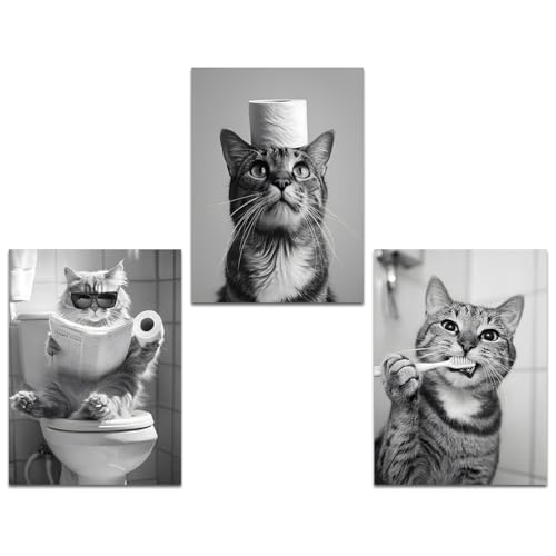 Komergave 3 Stück Katzen Badezimmer Deko, Schwarz-weiß Bad Poster A4 Wandbilder, Wandtattoo Bad, Wandkunst Wanddeko Bilder für Badezimmer, Gäste WC Deko, Schlafzimmer Bilder Toilette, 30×40cm von Komergave