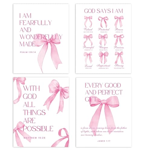 Komergave 4 Stück Christlicher Poster Set, Rosa Schleife Wandkunst, Christlicher Bibelvers Wanddekoration für Mädchen, Schlafzimmer, Wohnheim und Wohnzimmer Dekoration, 25×20cm von Komergave