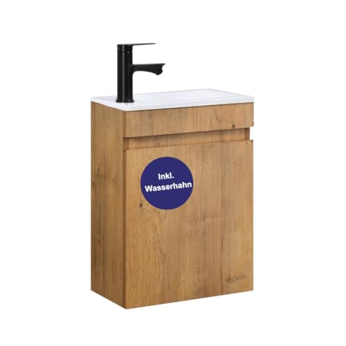 Kometmöbel Gäste-WC Waschtisch Set 40 cm Vormontiert Klein Waschbecken mit Unterschrank (Eiche, Wasserhahn Schwarz) von Kometmöbel