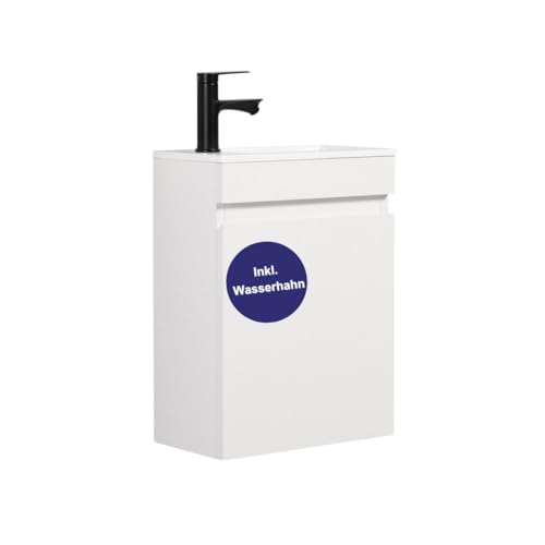 Kometmöbel Gäste-WC Waschtisch Set 40 cm Badmöbel Vormontiert Klein Waschbecken mit Unterschrank (Hochglanz Weiß (mit Wasserhahn Schwarz)) von Kometmöbel