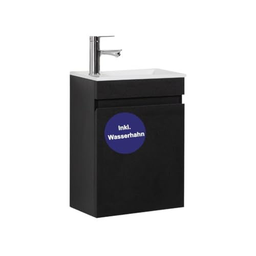 Kometmöbel Gäste-WC Waschtisch Set 40 cm Badmöbel Vormontiert Klein Waschbecken mit Unterschrank (Schwarz (mit Wasserhahn Chrom)) von Kometmöbel