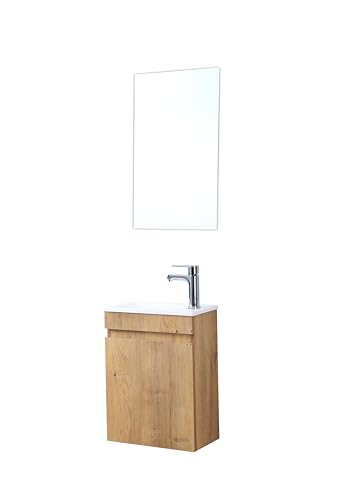 Kometmöbel Gäste-WC Waschtisch Set 40 cm Badmöbel Vormontiert Klein Waschbecken mit Unterschrank + Spiegel (Eiche + Spiegel) von Kometmöbel