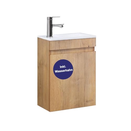 Kometmöbel Gäste-WC Waschtisch Set 40 cm Badmöbel Vormontiert Klein Waschbecken mit Unterschrank mit Wasserhahn (Eiche, mit Mischbatterie Chrom) von Kometmöbel