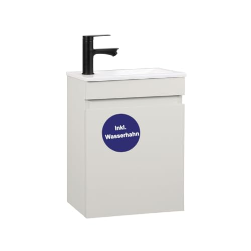 Kometmöbel Gäste-WC Waschtisch Set 40 cm Vormontiert Klein Waschbecken mit Unterschrank (Kaschmir, Wasserhahn Schwarz) von Kometmöbel
