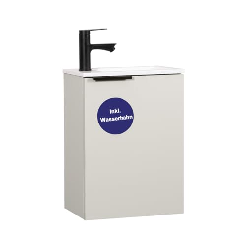 Kometmöbel Gäste-WC Waschtisch Set 40 cm Vormontiert Klein Waschbecken mit Unterschrank (Kaschmir mit Griff, Wasserhahn Schwarz) von Kometmöbel
