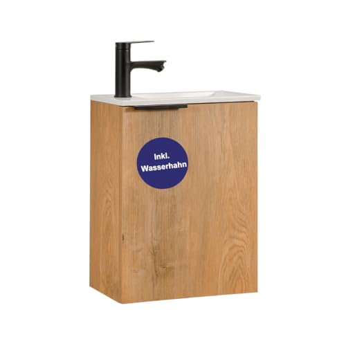 Kometmöbel Gäste-WC Waschtisch Set 40 cm Vormontiert Klein Waschbecken mit Unterschrank mit Griff Eiche + Wasserhahn (Schwarz) von Kometmöbel