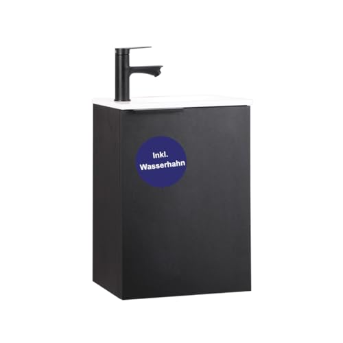 Kometmöbel Gäste-WC Waschtisch Set 40 cm Vormontiert Klein Waschbecken mit Unterschrank mit Griff Schwarz + Wasserhahn (Schwarz) von Kometmöbel