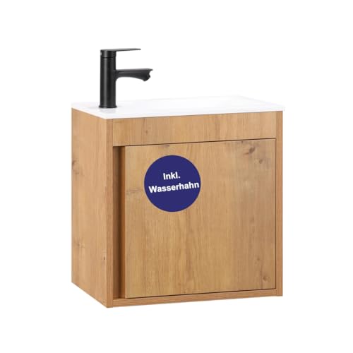 Kometmöbel Gäste-WC Waschtisch Set 50 cm Vormontiert Waschbecken mit Unterschrank (Eiche mit Mischarmatur (Schwarz)) von Kometmöbel