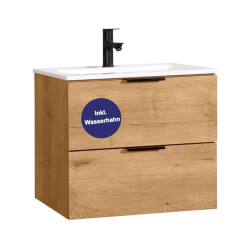 Kometmöbel Waschbecken mit Unterschrank 60cm Waschtisch Eiche 2 Soft-Closing Schubladen Badmöbel Set wandhängend mit Armatur (Schwarz) von Kometmöbel