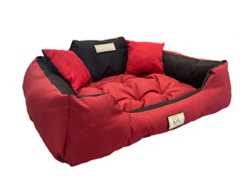 KomfortHome Premium Hunde- und Katzenbett mit Zwei Kissen - Waschbar, Wasserdicht, Kratzfest, PVC-Material - Perfekt für Komfort & Hygiene (145 x 115 cm, Rot) von KomfortHome