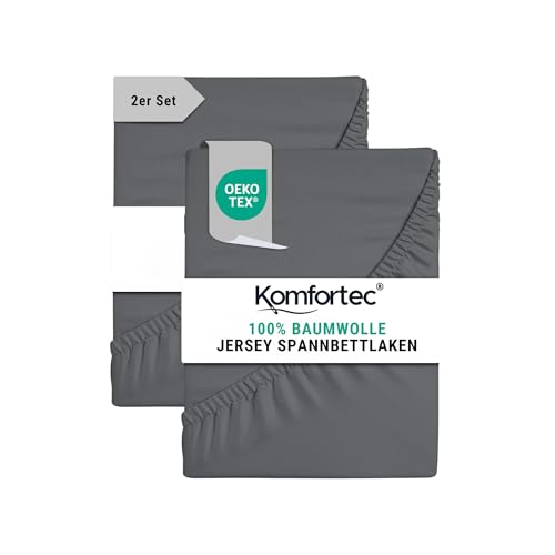 Komfortec Spannbettlaken Jersey 2er Set 100% Baumwolle – 160x200 cm – Weich, Atmungsaktiv & Hautfreundlich – Mit Rundumgummi – Oeko-Tex Zertifiziert – Für Boxspring, Topper & Matratzen – Anthrazit von Komfortec