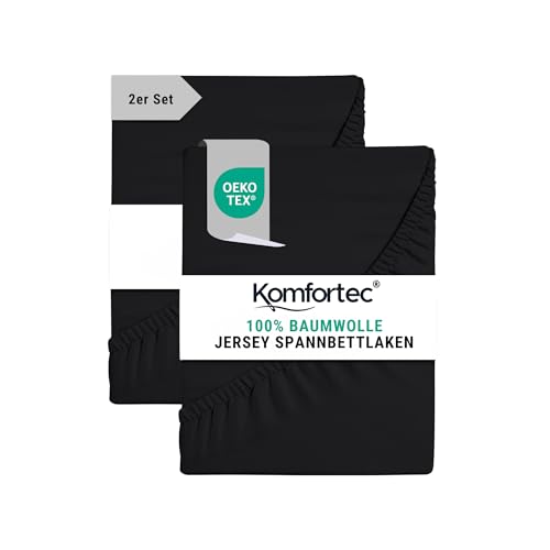 Komfortec Spannbettlaken Jersey 2er Set 100% Baumwolle – 180x200 cm – Weich, Atmungsaktiv & Hautfreundlich – Mit Rundumgummi – Oeko-Tex Zertifiziert – Für Boxspring, Topper & Matratzen – Schwarz von Komfortec