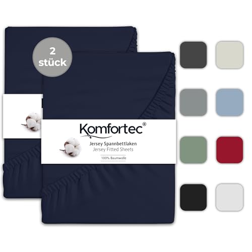 Komfortec 2er Pack Jersey Spannbettlaken 90x200 cm, 100% Baumwolle, Doppelpack Spannbettuch, Blau von Komfortec