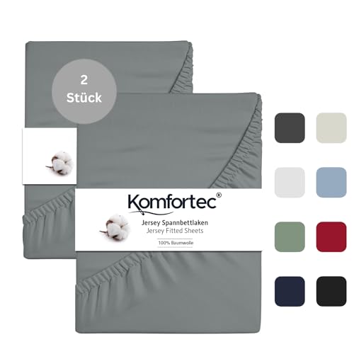 Komfortec 2er Pack Jersey Spannbettlaken 90x200 cm, 100% Baumwolle, Doppelpack Spannbettuch, Grau von Komfortec