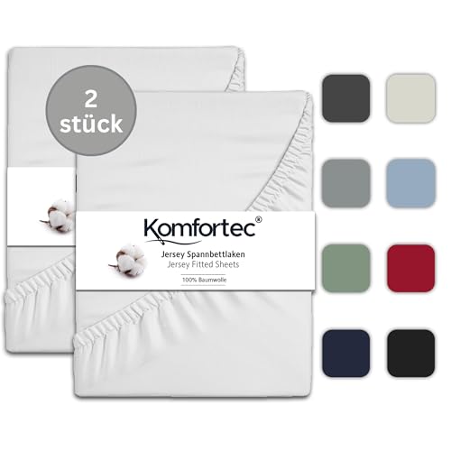 Komfortec 2er Pack Jersey Spannbettlaken 90x200 cm, 100% Baumwolle, Doppelpack Spannbettuch, Weiß von Komfortec