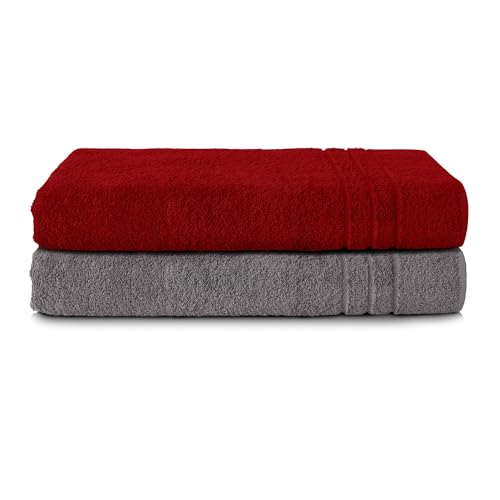 Komfortec 2er Saunatuch Set 80x200 cm aus 100% Baumwolle, XXL-Saunatücher, Sauna Handtuch, Weich, Groß, Frottee, Schnelltrocknend, Anhtrazit Grau/Aurorarot von Komfortec