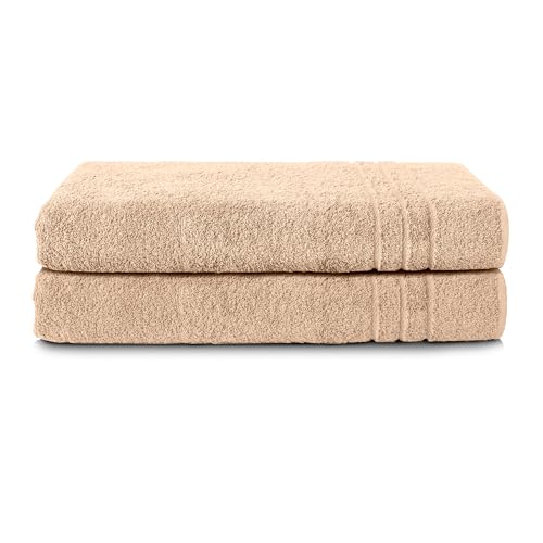 Komfortec 2er Saunatuch Set 70x200 cm aus 100% Baumwolle, XXL-Saunatücher, Sauna Handtuch, Weich, Groß, Frottee, Schnelltrocknend, Sand/Beige von Komfortec