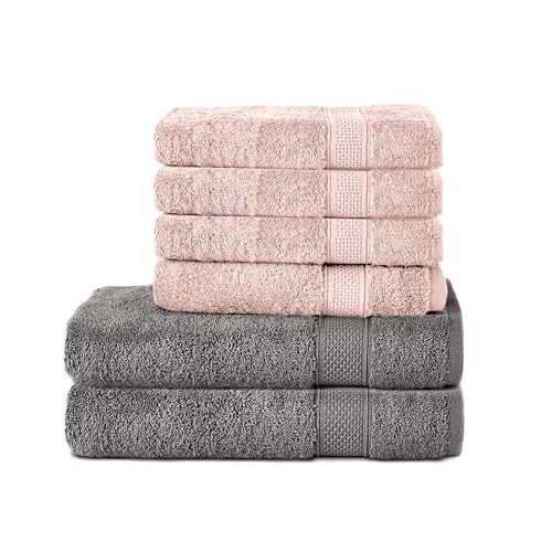 Komfortec 6er Handtuch Set aus 100% Baumwolle, 2er Badetücher 70x140 cm und 4er Handtücher 50x100 cm, Frottee, Weich, Anthrazit/Rosa von Komfortec