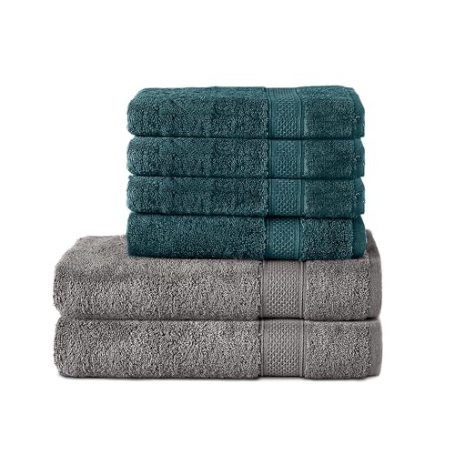Komfortec 6er Handtuch Set aus 100% Baumwolle, 2er Badetücher 70x140 cm und 4er Handtücher 50x100 cm, Frottee, Weich, Anthrazit Grau/Petrol von Komfortec
