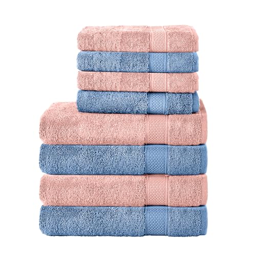 Komfortec 8er Handtuch Set aus 100% Baumwolle, 4 Badetücher 70x140 und 4 Handtücher 50x100 cm, Frottee, Weich, Towel, Groß, Rosa/Hellblau von Komfortec